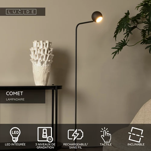 Lucide COMET - Lampadaire Rechargeable - Batterie/Piles - LED 3 StepDim - 1x3W 2700K - Noir - USP